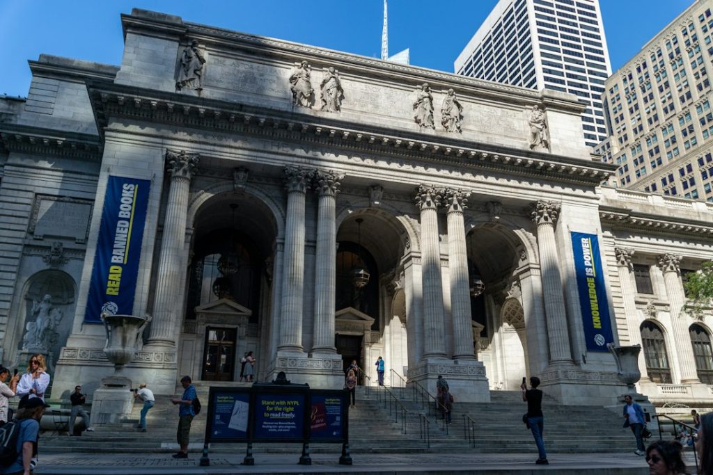 The New York Public Library’s historic exterior with columns and statues