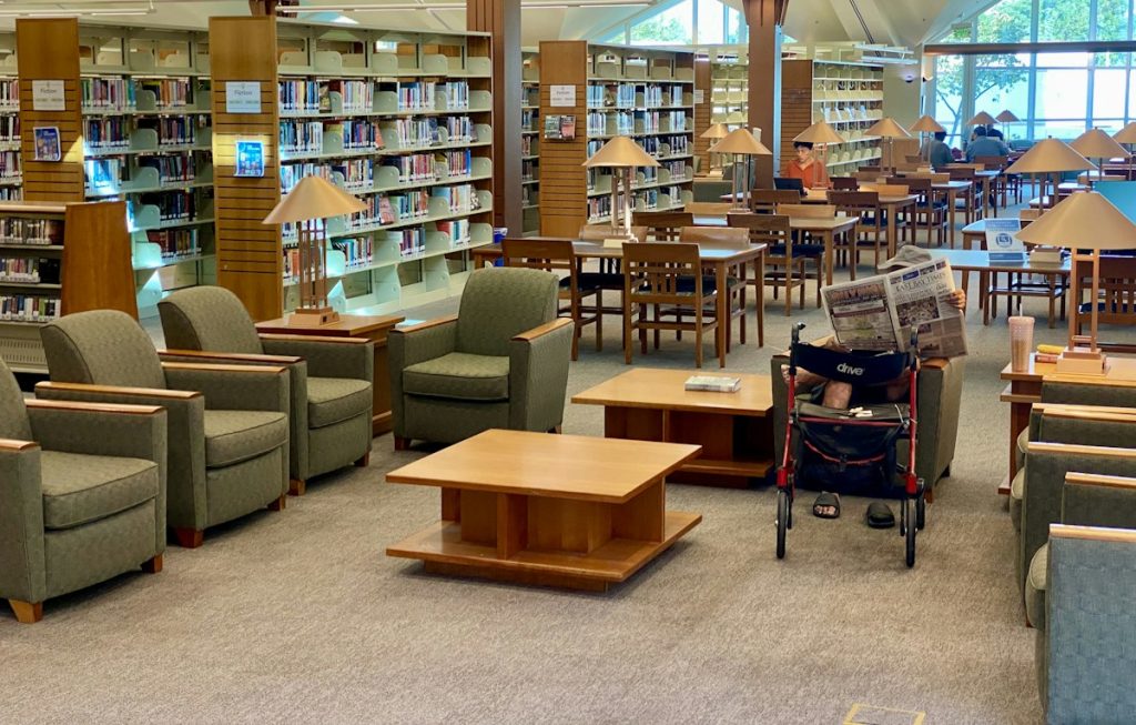 Public library seating and bookshelves